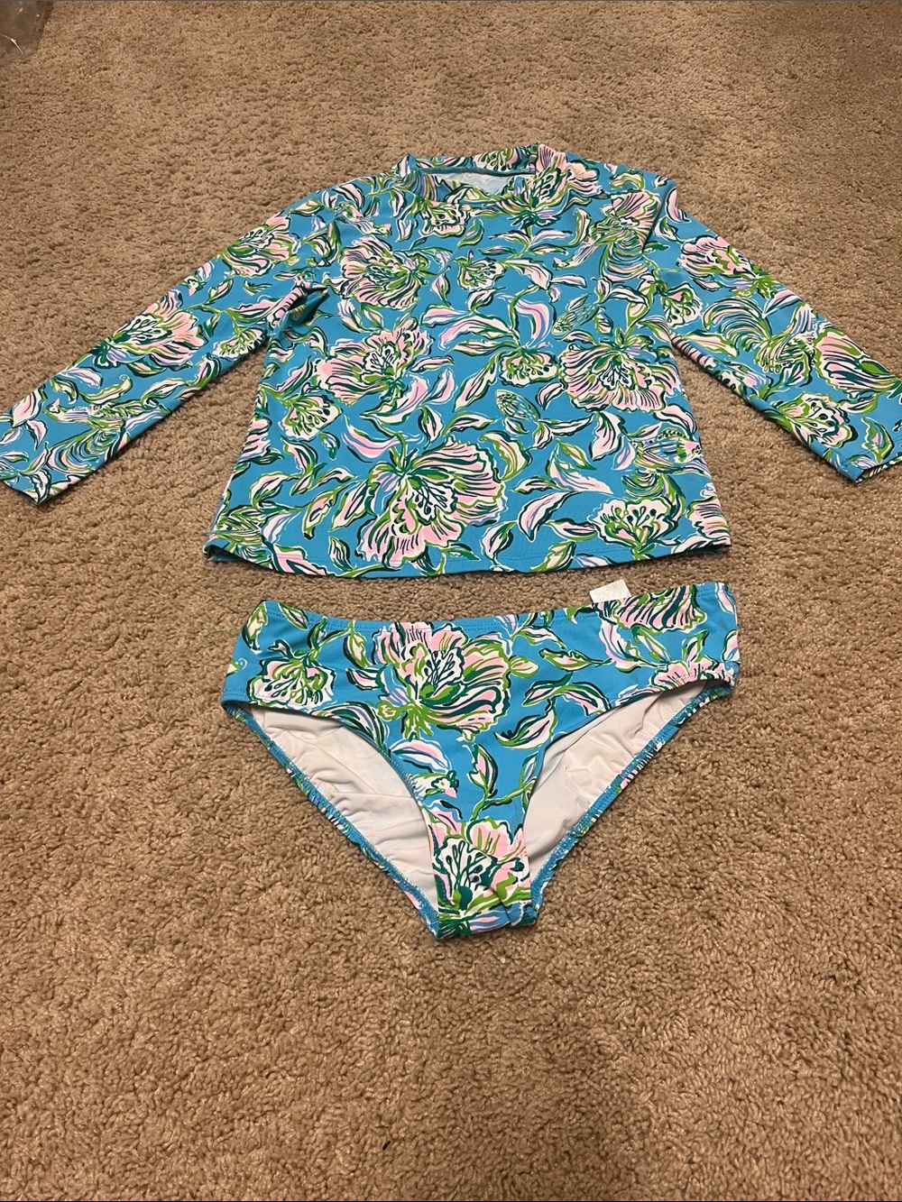 Lilly Pulitzer Blue Floral Long-Sleeve Rash Guard Bikini Set
